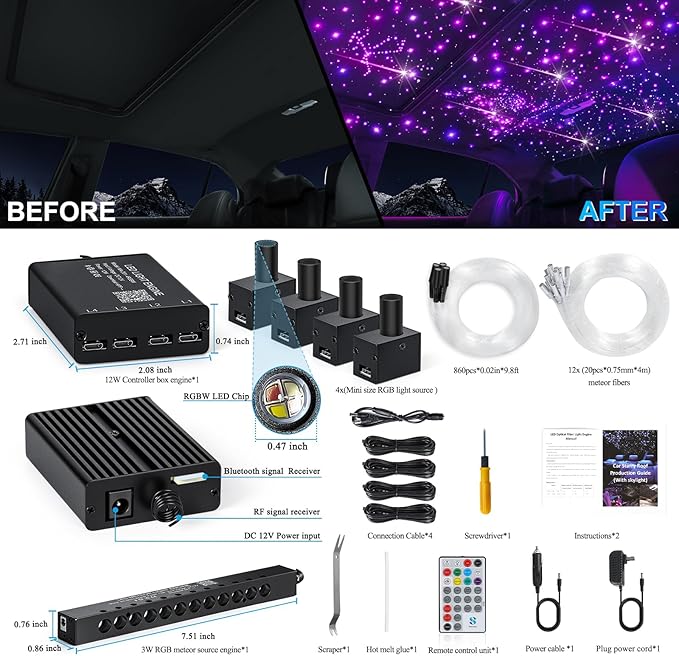 Split Car Starlight Headliner Kit, 4 Colors 12W Meteor Fiber Optic Starlight Kit, 860pcs*0.02in*9.8ft+240 RGBW Sound Activate Shooting Star Lights for Ceiling Car Roof/Home Decor