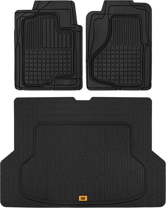 CAT® Large Heavy Duty Rubber Floor Mat & Cargo Trunk Liner for Car, SUV, Van, Sedan, Truck – Trim-to-Fit, All-Weather Deep Dish Ridges for Dirt Protection, Front and Rear Mats Black