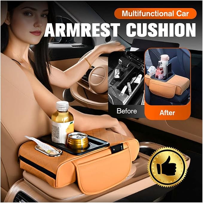 Car Armrest Box Thicken Height Pad Arm Rest Cushion Memory Cotton Elbow Universal Auto Interior Storage Tissue Organizer(Black Brown)