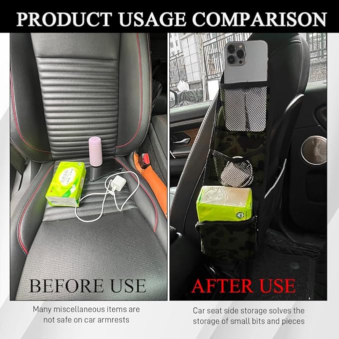 Car Seat Side Organizer, Seat Side Storage Pocket, Multifunctional Mesh Net Pocket, Car Multi-Pockets Backseat Organizer Side Hanging Bag for Storage Coins, Cell Phones, Glasses (Green, 1PCS)