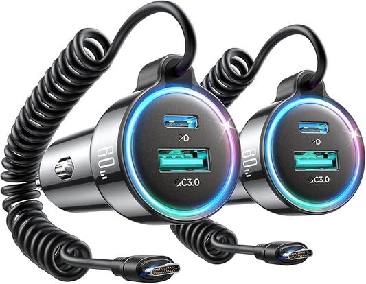 2-Pack 60W Fast Car Charger USB C, PD &QC3.0 with 5ft 30W Type C Coiled Cable, Car iPhone Charger Adapter Cigarette Lighter for iPhone 16/15 Pro Max Plus, Samsung S24/S23, Andriod/Pixel/iPad