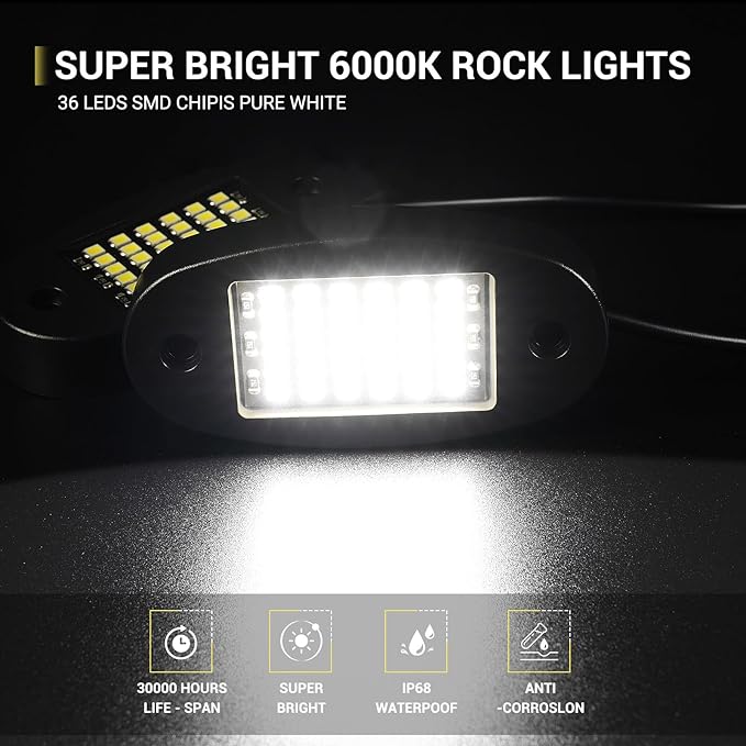 Hovano 16 Pods White Rock Lights 6000K Pure White 36 LEDs SMD Chips Super Bright Neon Underglow Light IP68 Waterproof for Pickup Trucks SUV UTV ATV RZR Car Boats (White)