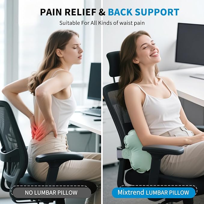 Mixtrend Travel Lumbar Pillow – Inflatable Memory Foam Back Support Cushion for Airplane, Car, Office Chair, Long Flight – Ergonomic Pain Relief for Women, Men & Kids (Matcha Green)