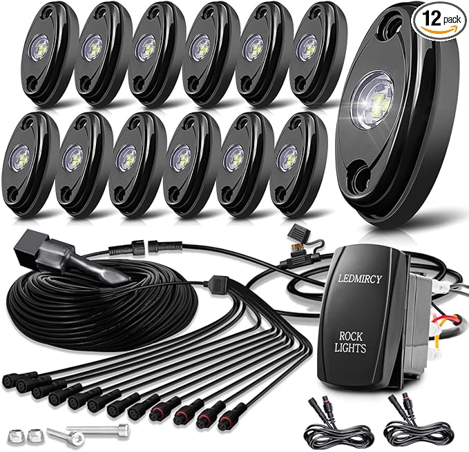 LEDMIRCY R1 Pure White LED Rock Lights Kit with Roker Switch Wire Harness 12PCS High Power Rock Lights White for Trucks Off Road ATV UTV SUV Underglow Trail Rig Light Under Body Waterproof Light