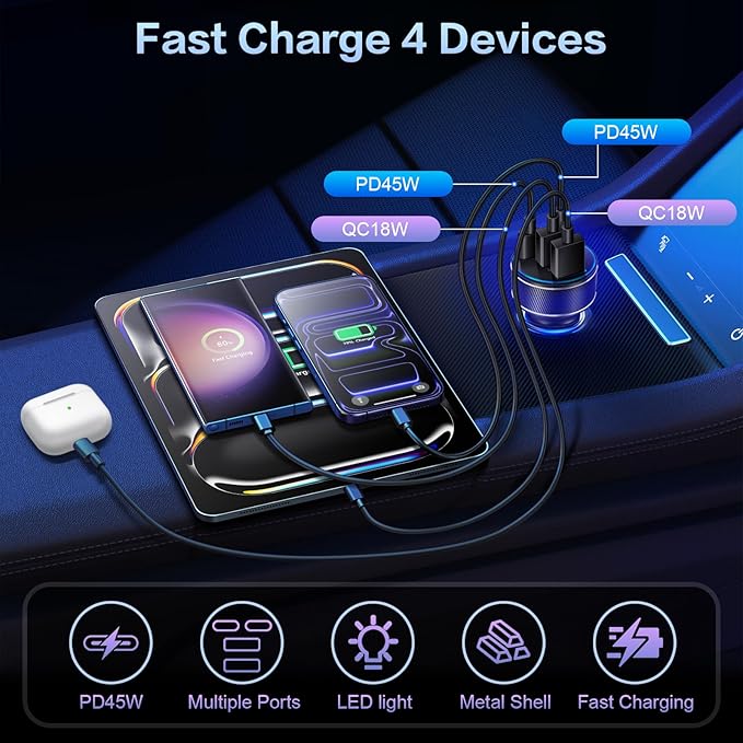 USB C Car Charger, Multi Port 90W Super Fast Charging Cigarette Lighter Adapter, 4-in-1 Dual USB-C & USB-A Car Phone Power Adapter for iPhone 17/16/15/Pro Max, iPad, Samsung Galaxy S25 (Black, 3-Pack)
