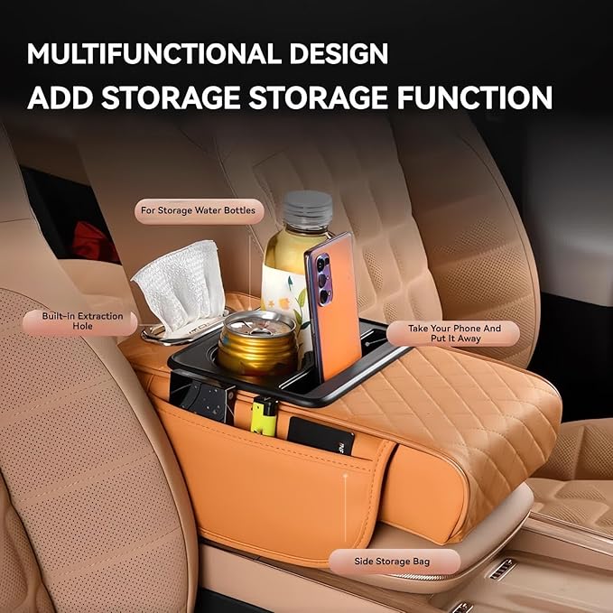 Multifunctional PU Leather Car Armrest Box Mat, 5-in-1 Multifunctional Car Armrest Cushion, Center Console Cover with 2 Cup Holder, For Storing Tissues, Phones, Wallets, Drinks, for Most Cars (Red)