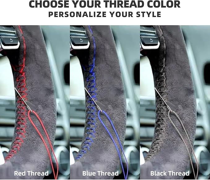 Suede Leather Steering Wheel Cover Wrap Kit - DIY Stitch-On for 15-16" Wheels, Superior Sweat Absorption & Non-Slip Grip, Comfortable & Durable Year-Round Upgrade