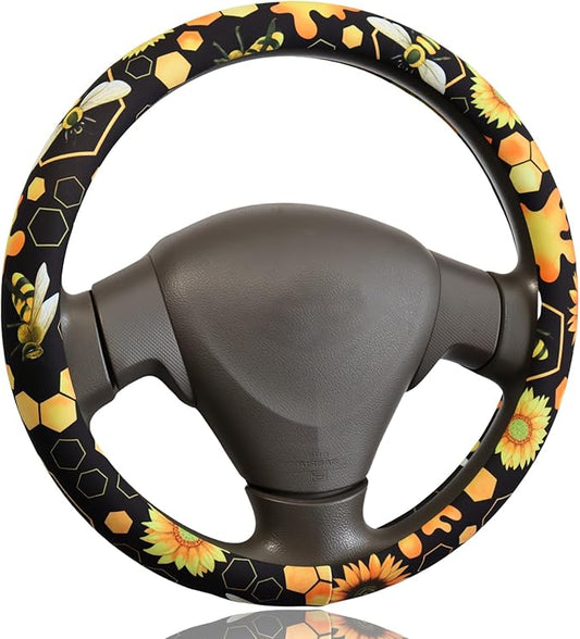 Bee Sunflower Honeycomb Steering Wheel Cover for 14.5-15 Inch (37-38 cm) Wheels, Premium Fabric with Non-Slip Rubber Inner Ring (Bee Sunflower Honeycomb)