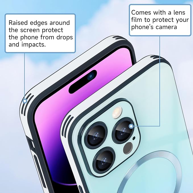 Guppy Compatible with iPhone 15 Pro Max Case Magnetic, with Full Camera Lens Protector [Compatible with MagSafe] Scratch Resistant Gradient Glass Back Cover Phone Case-Blue
