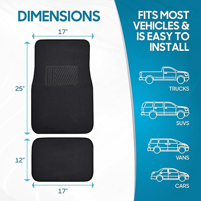 BDK MT-100-BK Classic Carpet Floor Mats for Car & Auto - Universal Fit -Front & Rear with Heelpad (Black)
