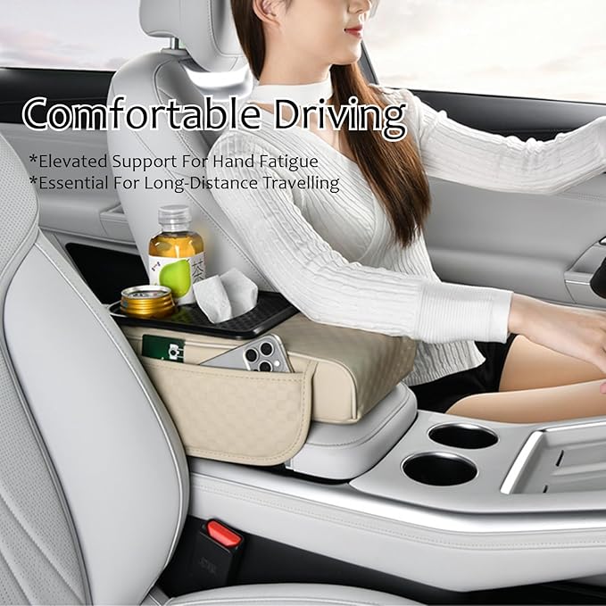 Car Center Console Armrest Pad, Arm Rest Box Cushion with Ergonomic Height Boost, Storage Pockets, Built-in Tissue Box, Cupholder, Fit for Most Sedan Vehicles (Embossing Checkerboard, Burgundy)