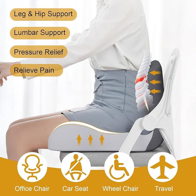 L-Shaped Memory Foam Seat Cushion with Lumbar Support-Ergonomic Car & Office Chair Cushion for Sciatica, Coccyx & Back Pain Relief Supports Hips & Back for Drivers & Long Sitting (Double Grey)