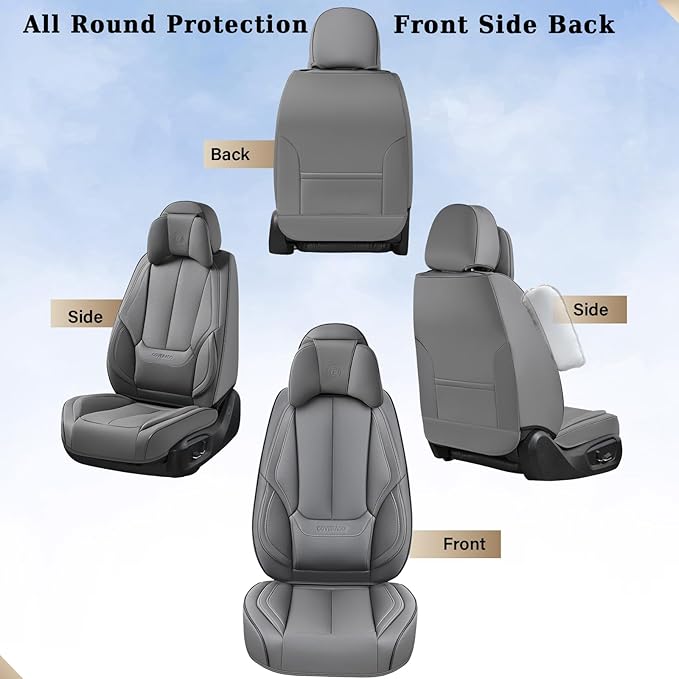 Coverado Universal Seat Covers Front, 2-Pack Universal Seat Covers for Cars, Waterproof Nappa Leather Car Seat Covers with Head Pillow, Auto Protectors Fit for Most Sedans SUV Pick-up Truck-Gray