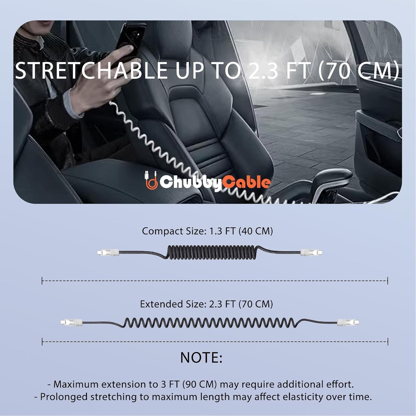chubbycable Curly Chubby - Retractable Fast Charging Cable 240W Coiled Charger Cord for Car Durable USB-C Cable for Phones, Tablets and More, Gray, Type-C to Type-C, 1.3FT-2.3FT