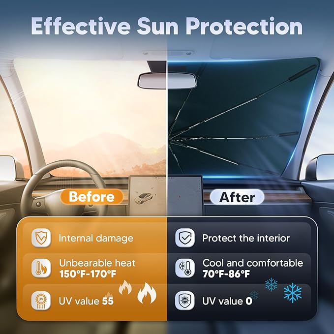 Autorder Windshield Sun Shade Umbrella for 2011-2023 Dodge Charger Accessories,Upgraded Ice Crystal Material,Easy Setup Umbrella Sunshade for Car Windshield,100% Sun Blocking
