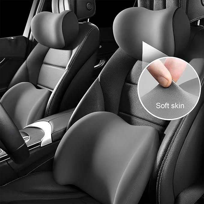 New Car Headrest & Lumbar Support Cushion for Hyundai Santa Fe 2001-2024, Ergonomic Memory Foam Seat Headrest Neck Rest Cushion Breathable Removable Cover for Neck Back Relief,B/Gray