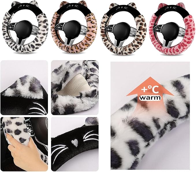 Dotesy 3D Ear Furry Cheetah Car Steering Wheel Cover Set Fluffy Faux Wool Steering Wheel Protector Leopard Anti-Slip Soft Warm Car Accessories for Women (White Black)