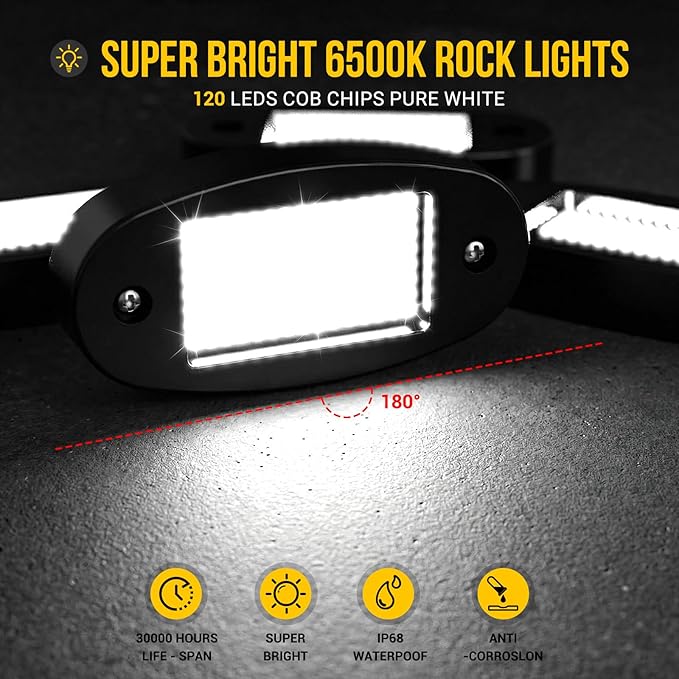 Hovano 4 Pods COB White Rock Lights, 120 COB Chips 6500K Pure White Super Bright Neon Underglow, IP68 Waterproof Shockproof Off-Road Light Kit for Pickup Trucks, SUV, UTV, ATV, RZR, Cars Boats