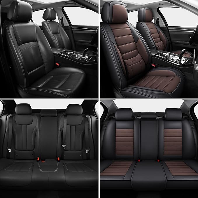 Car Seat Covers Full Set, Brown Car Seat Cover Lumbar Support, Car Seat Protector Waterproof, Nappa Leather Car Seat Cushion, Front Seats and Back Fit for Most Cars
