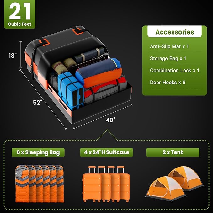 21 Cubic Feet Car Rooftop Cargo Bag Carrier, Soft Roof Top Luggage Bag for All Vechicles with/Without Rack - with Waterproof Zip, Anti-Slip Mat, Luggage Lock, Storage Bag, Door Hooks