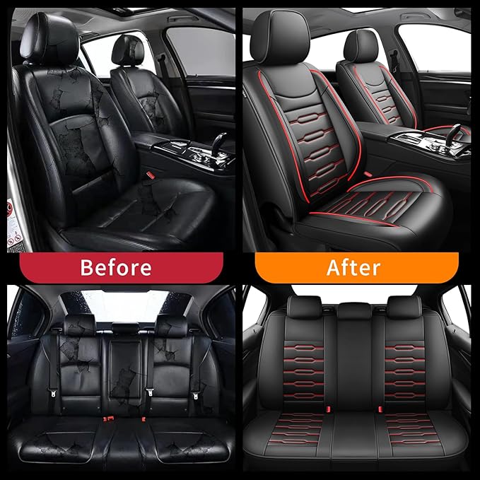 Fit Camry Car Seat Covers for Toyota Camry 2012-2024 2025 2026 - Upgraded Premium Waterproof & Breathable Leather, Airbag Compatible, All-Weather Seat Cushion Protector (Full Set, Black+Red)