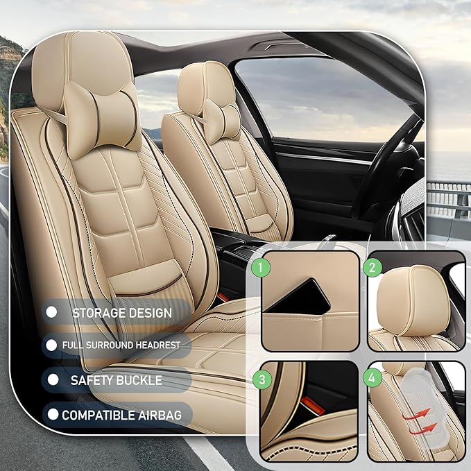 Leather Car Seat Covers Fit for Toyota RAV4 EV 2012-2013, 5 Seater Car Seat Cover, Premium Waterproof, Scratch Resistant Car Interior Accessories (Full Set with Pillow Beige)