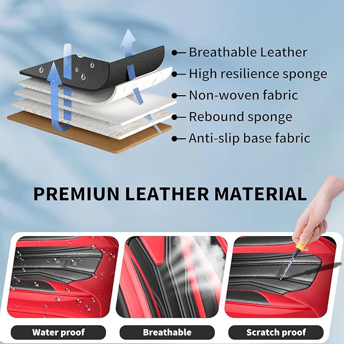 Fit Prius Car Seat Covers for Toyota Prius 2001-2026 -Premium Leather, Waterproof Stain-Resistant, Breathable，All-Weather Seat Cushion Protecto & Airbag Compatible, 2 Front Seat Red & Black