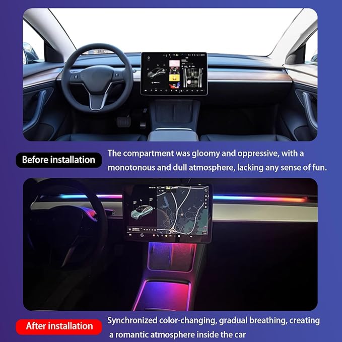 LED Car Ambient Lighting Strip for Tesla High Brightness with APP Control Multiple Colors and Car LED Strip Lighting Neon Lights for Model 3/Y (Dashboard& 4 Floor Lights)