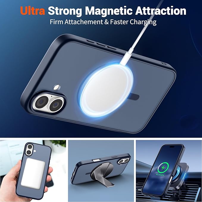 SUPFINE Magnetic for iPhone 16 Case with Screen Protector (Compatible with MagSafe) (Military Grade Drop Protection) Translucent Matte Shockproof Phone Cover,Dark Blue