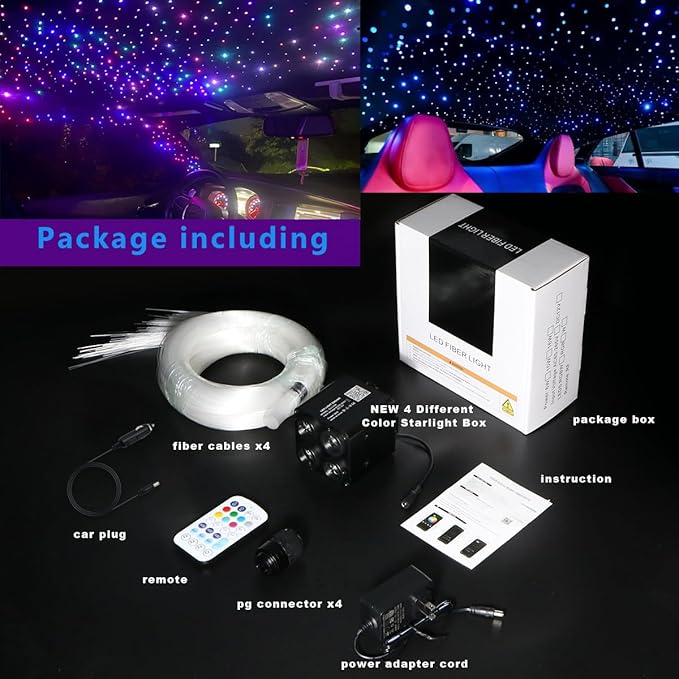 AZIMOM 4Port 36W Twinkle 1000pcs 0.03in 9.8ft Fiber Optic Starlight Headliner Kits 4Colors Light Source Sound Activated Remote APP Control Home Indoor Ceiling Car Headliner Decoration