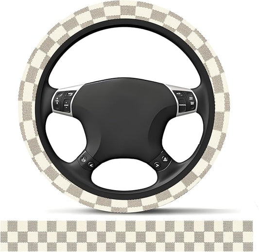 Elastic Car Steering Wheel Cover, Universal 15 inch Non-Slip Breathable Neoprene Steering Wheel Protector, Car Accessories for Women Men Fit Auto, Suvs, Truck Beige Checkerboard