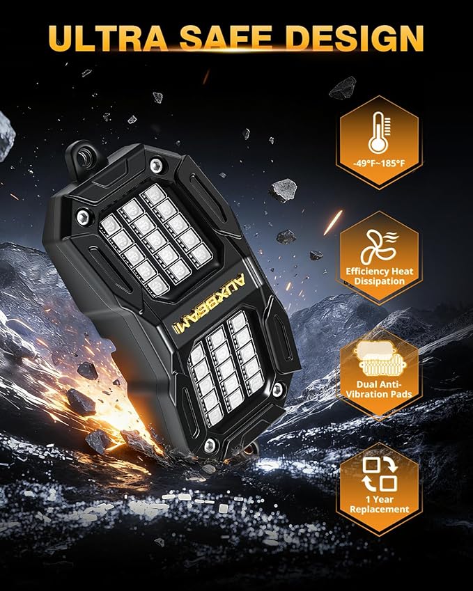 Auxbeam 8-Pod RGB LED Rock Lights w/Brake Mode 217°Dual-Side Lighting Underglow Kit w/Bluetooth APP & Remote Control Music Voice Sync Waterproof Wheel Well Lights for Trucks Offroad RV 1 Year Warranty
