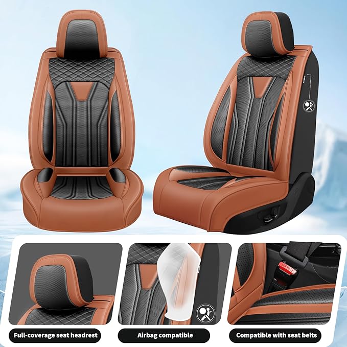 Fit Leaf Car Seat Covers Compatible with Nissan Leaf 2012-2025 2026 - Premium Leather， Waterproof Breathable， All-Weather Seat Cushion Protecto&Airbag Compatible (2 Front Seat Brown&Black)