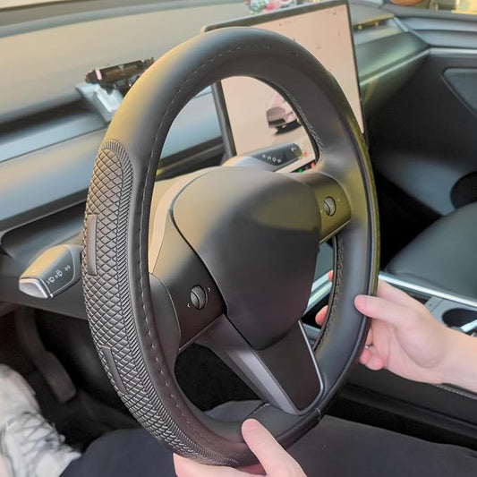D Shape Steering Wheel Cover for Tesla Model 3 / Y, for Camaro, 14-14.25 Inch Black Leather Car Wheel Cover for Men Women