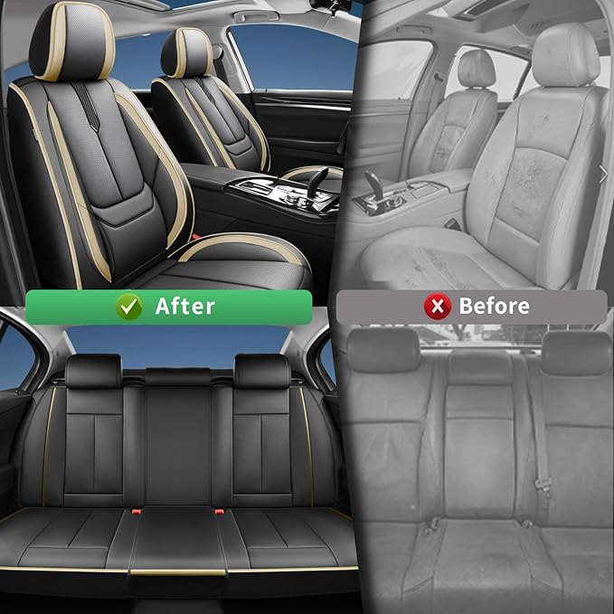 Fit Highlander Car Seat Covers (5 Seats) for Select Toyota Highlander 2007-2026 - Full Coverage Leather,Airbag Compatible, Waterproof & All Weather Seat Cushion Protector,Full Black-Beige