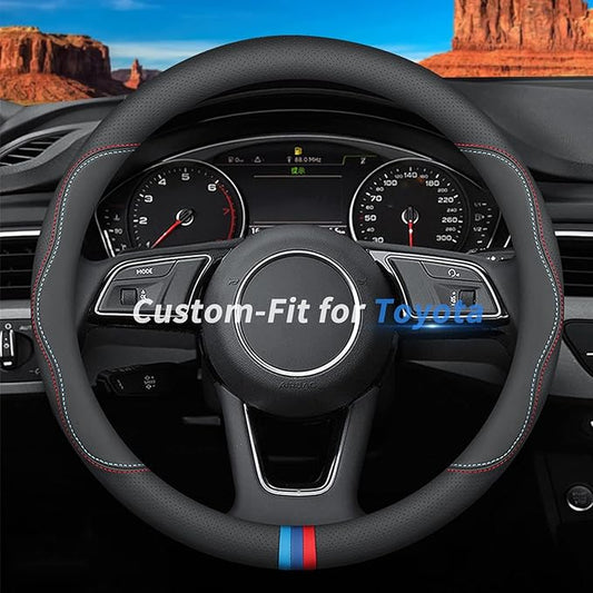 Custom-Fit for Toyota Steering Wheel Cover, Premium Leather Car Steering Wheel Cover with Logo, Non-Slip, Breathable, for