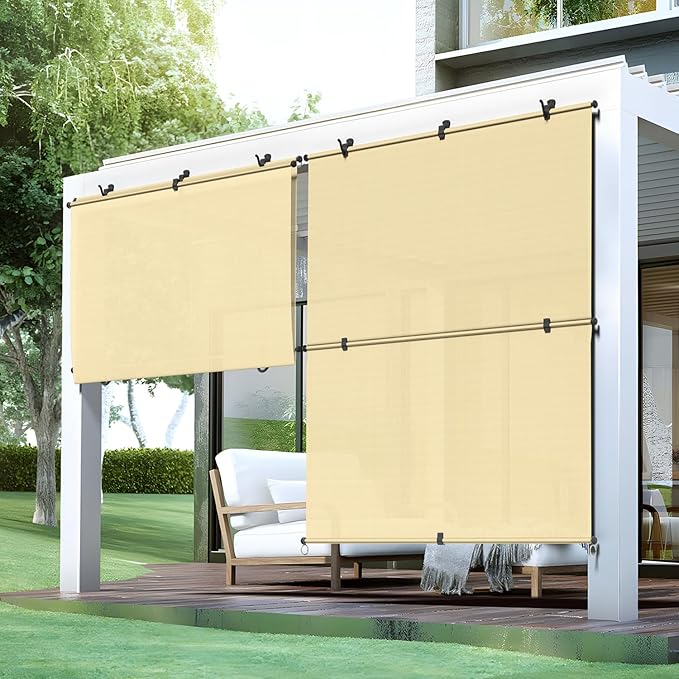 Bynbbur 5'W x 6.5'H Outdoor Patio Shades Foldable Roller Blinds, 220 GSM Sun Shade Roll Up Porch Screens Exterior Shade Cloth for Deck Pergola Backyard, Beige