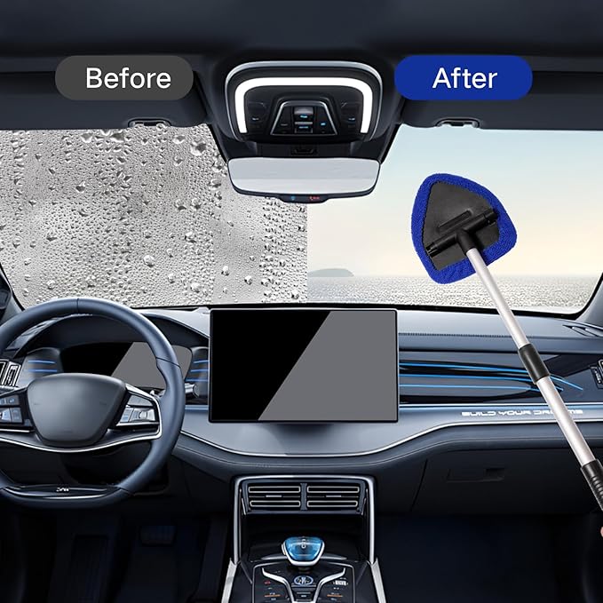Qydipclin 10pcs Windshield Cleaner Tool, Car Window Cleaning Wash Kit with 4 Reusable Microfiber Pads 1 Spray Bottle and Extendable Handle Auto Glass Wiper Kit, Blue&Gray