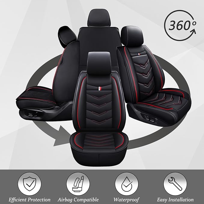 Car Seat Cover for Ford Explorer 2000-2025, Waterproof Durable Compatible Airbag, Premium Leather Seat Protector(5 Seats Standard,Black Red)