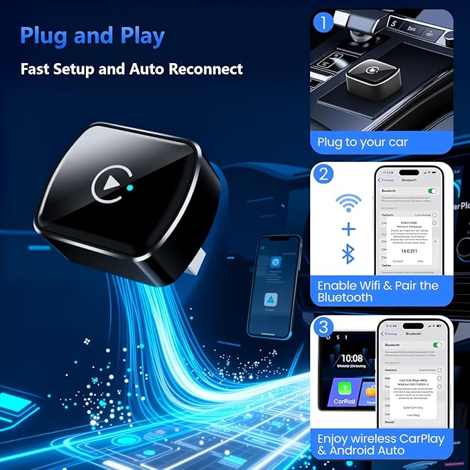 2026 Upgrade Wireless CarPlay Adapter & Android Auto, 2-in-1 CarPlay Adapter Convert Wired to Wireless, Mini Size with USB A & USB-C Extension Cable, Plug & Play, Stable Connection & No Delay (Black)