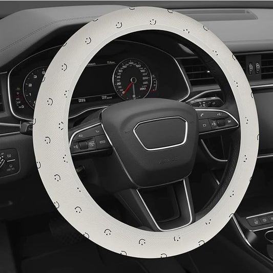 Cute White Steering Wheel Cover Soft Cloth Fabric Car Wheel Covers 14.5 15 Inch Universal Fit Breathable Washable Car Accessory Cool in Summer