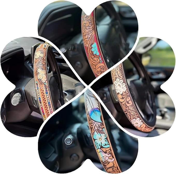 Retro Western Cowboy Car Universal Steering Wheel Cover, Embossed Handcrafted Tooled Leather Western,Anti Slip, Auto Interiors Accessories,Breathable for Trucks SUVs Cars (D)
