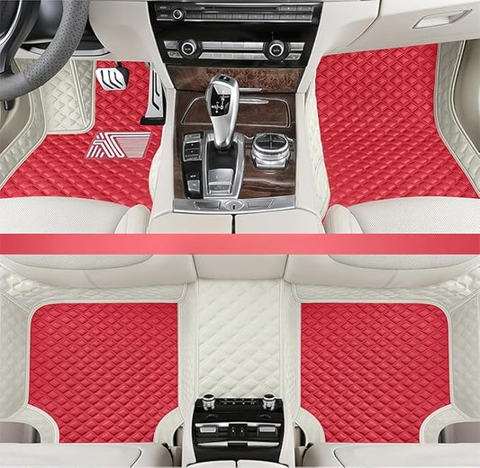 Customize Making Car Floor Mats for 99.99% Sedan SUV Pickup Truck Full Coverage Men Women Cute Leather Protection Pads Non-Slip Floor Liners (White+Fashion Red)