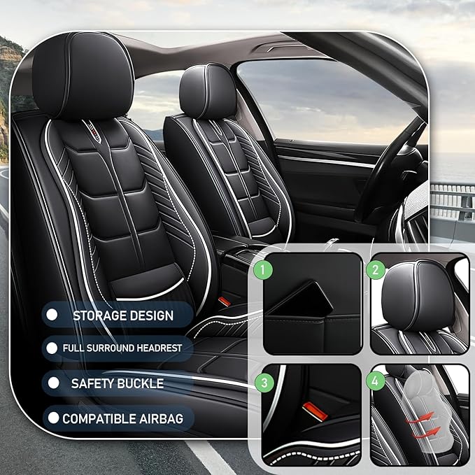 Leather Car Seat Covers Fit for Toyota Sienna 1997-2024, 5 Seater Car Seat Cover, Premium Waterproof, Scratch Resistant Car Interior Accessories (Full Set Black White)