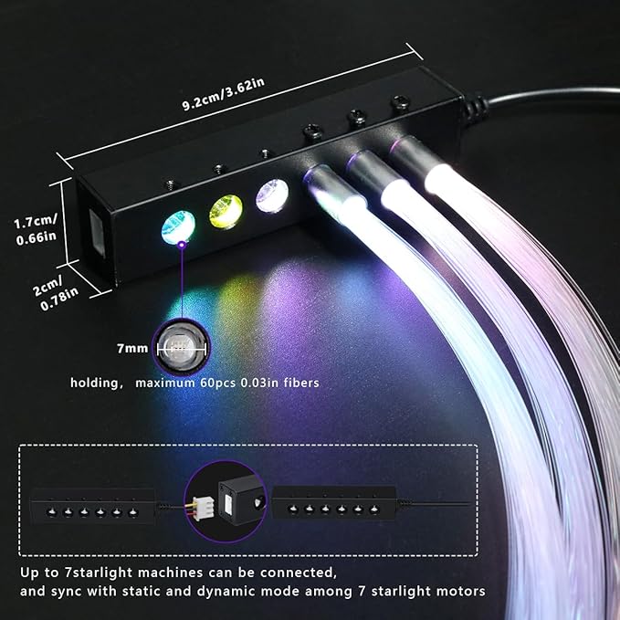 AZIMOM 6LED Colorful Fiber Optic Starlight Headliner Kits 720pcs*0.03in*13.1ft Fiber Strands APP& Remote Control Mix Color Chase Timing Fiber Optic Star Light for Car Home Sky Star Decoration