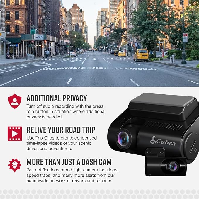 Cobra SC 250R Smart Dual View Front and Rear Dash Cam + Cobra Full HD (1080P) Cabin-View Accessory Camera (FV-CV2)