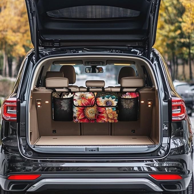 Mexican Dahlias Car Trunk Organizer Floral Flowers Car Back Seat Organizer with 4 Storage Bags,Car Accessories