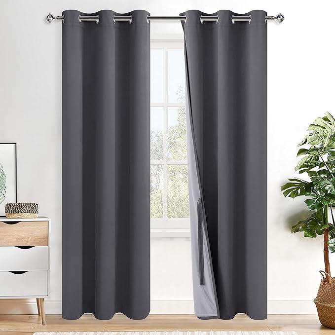 XWZO 100% Blackout Curtains 84 Inches Long - Heat and Full Light Blocking, Thermal Insulated Window Panels with Grommets for Bedroom/Nursery with Tiebacks, Dark Grey, W42 x L84, Set of 2 Draperies
