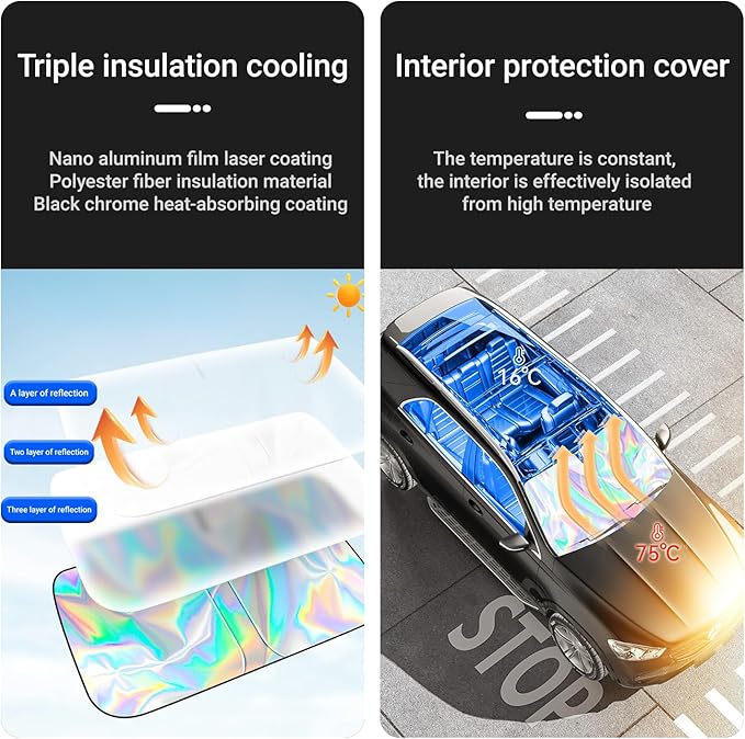 Car Windshield Sun Shade with Storage Pouch, Foldable Laser Titanium Silver Front Window Shield Blocker Screen Visor Protector Cover, Keep Interior Cool, Universal Fit for Car,Truck,SUVs (S)