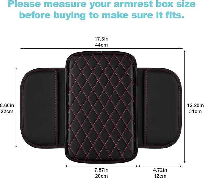 Center Console Cover Fit for Kia Forte 2010-2024 with 2 Storage Bags Waterproof Leather Quilted Pattern Car Armrest Cover Cushion Anti - Slip(Black&Red Line)